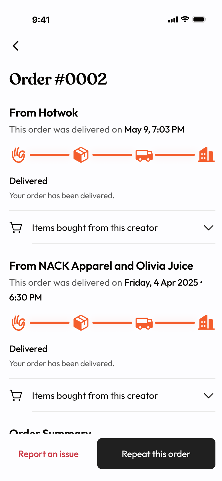 Good order details screen